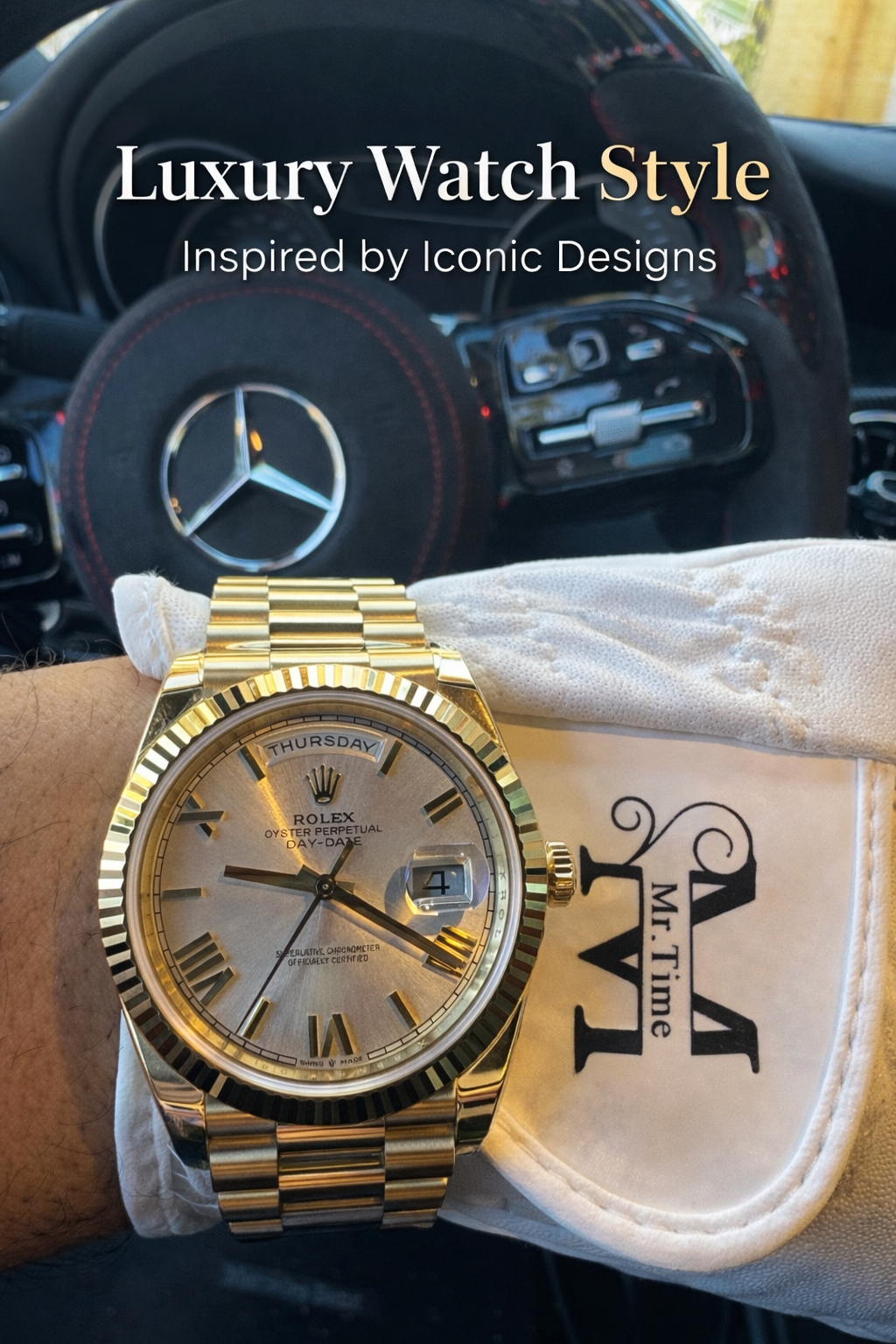 Luxury gold Rolex Day-Date watch close up dial
