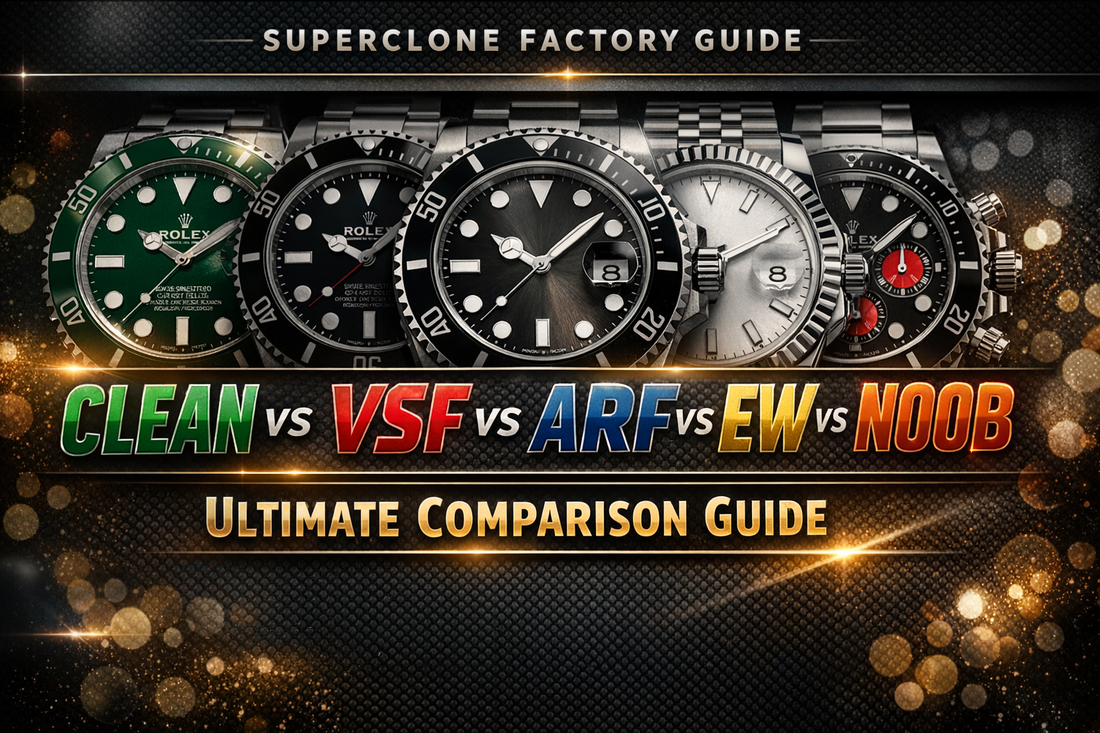 Luxury superclone watch factory guide με σύγκριση Clean, VSF, ARF, EW και Noob σε dial και finishing